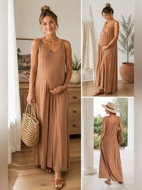 STORQ 2X - 7 Maternity Maxi Tank Scoop Lounge Brown Stretch Classy Comfy Dress